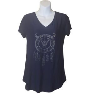 Women's Small Blue Tank Top with Silver Bull Skull & Dream Catcher (Gently Used)